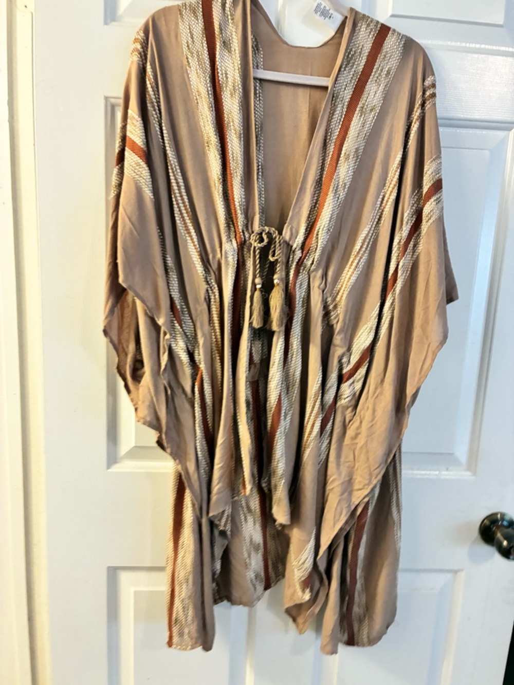 One Size Boho Tassel Tie Kimono in Taupe with Rust & Cream Stripes